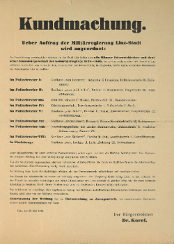 Kundmachung. Anordnung über Auftrag der Militärregierung Linz-Stadt
