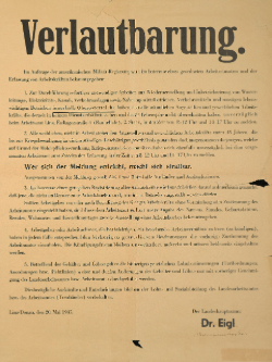 Verlautbarung von Landeshauptmann Dr. Eigl mit einem Aufruf zur Wiederherstellung lebenswichtiger Betriebe