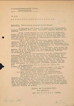 Schreiben über die Befürsorgung vergewaltiger Frauen