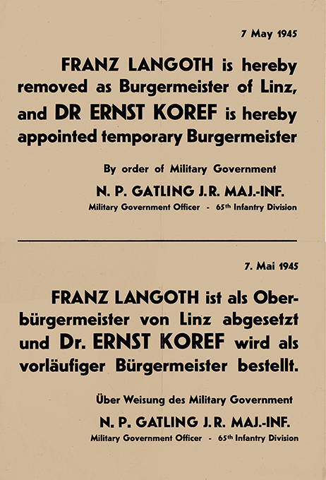 Plakat der US-Besatzungsmacht in Linz über die Absetzung des nationalsozialistischen Oberbürgermeisters Franz Langoth und die Einsetzung des Bürgermeisters Ernst Koref