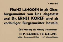 Plakat des US Militärs über Franz Langoths Ablöse durch Ernst Koref
