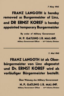 Plakat auf deutsch und englisch des US Militärs über die Bürgermeister-Ablöse Langoths durch Koref