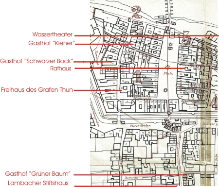 Der Linzer Stadtplan von 1781 zeigt einige Aufenthaltsorte Mozarts: Wassertheater, Gasthof 'Kiener', Gasthof 'Schwarzer Bock', Rathaus, Freihaus des Grafen Thun, Gasthof 'Grüner Baum', Lambacher Stiftshaus