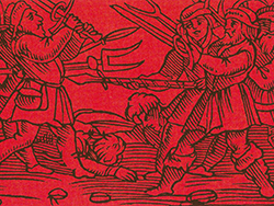 Holzschnitt mit Kampfszene