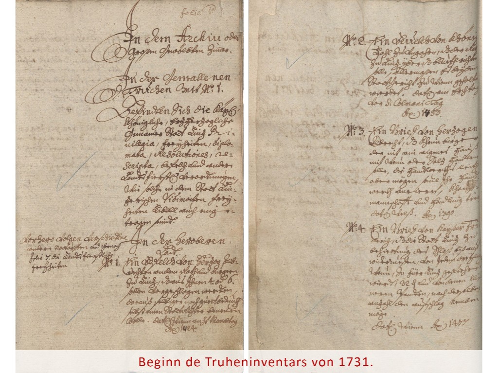 Archiv der Stadt Linz Beginn des Truheninventars von 1731.